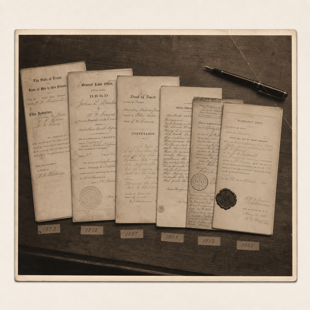Hand-drawn chain of title diagram in a sepia-toned ledger